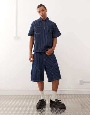 Reclaimed Vintage Reclaimed Vintage denim pinstripe carpenter short co-ord in blue