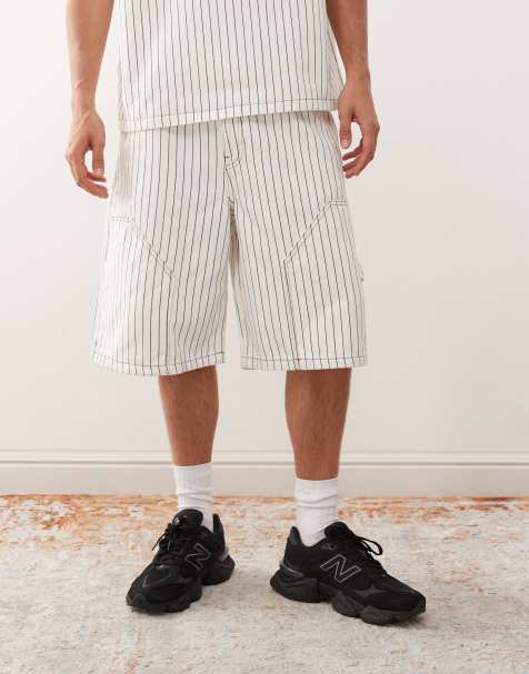 Reclaimed Vintage denim pinstripe carpenter short co-ord in white and brown - view 1