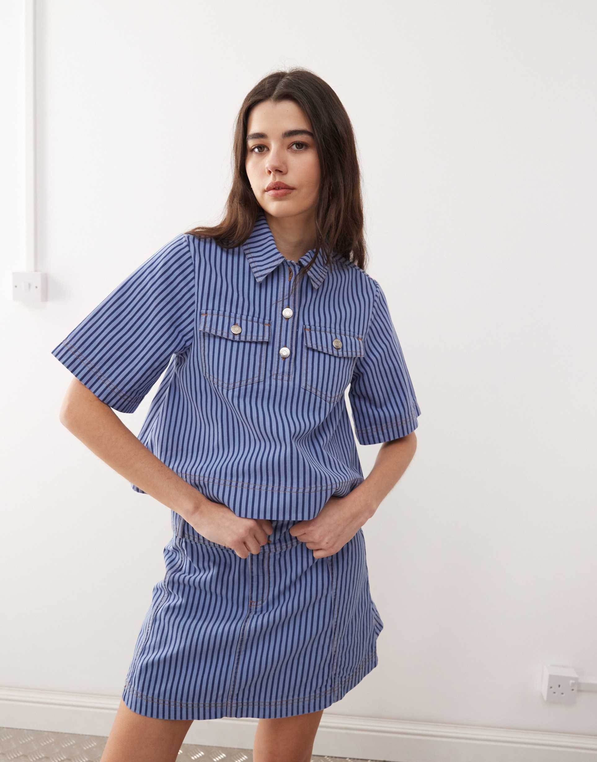 reclaimed vintage denim pinstripe shirt in blue - part of a set
