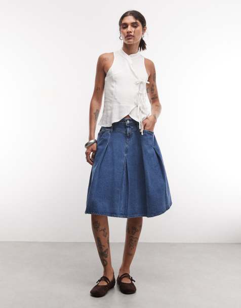 Reclaimed Vintage denim pleated midi skirt in indigo - view 1