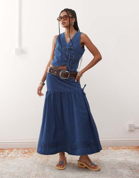 Reclaimed Vintage denim prairie skirt co-ord with bow detail
