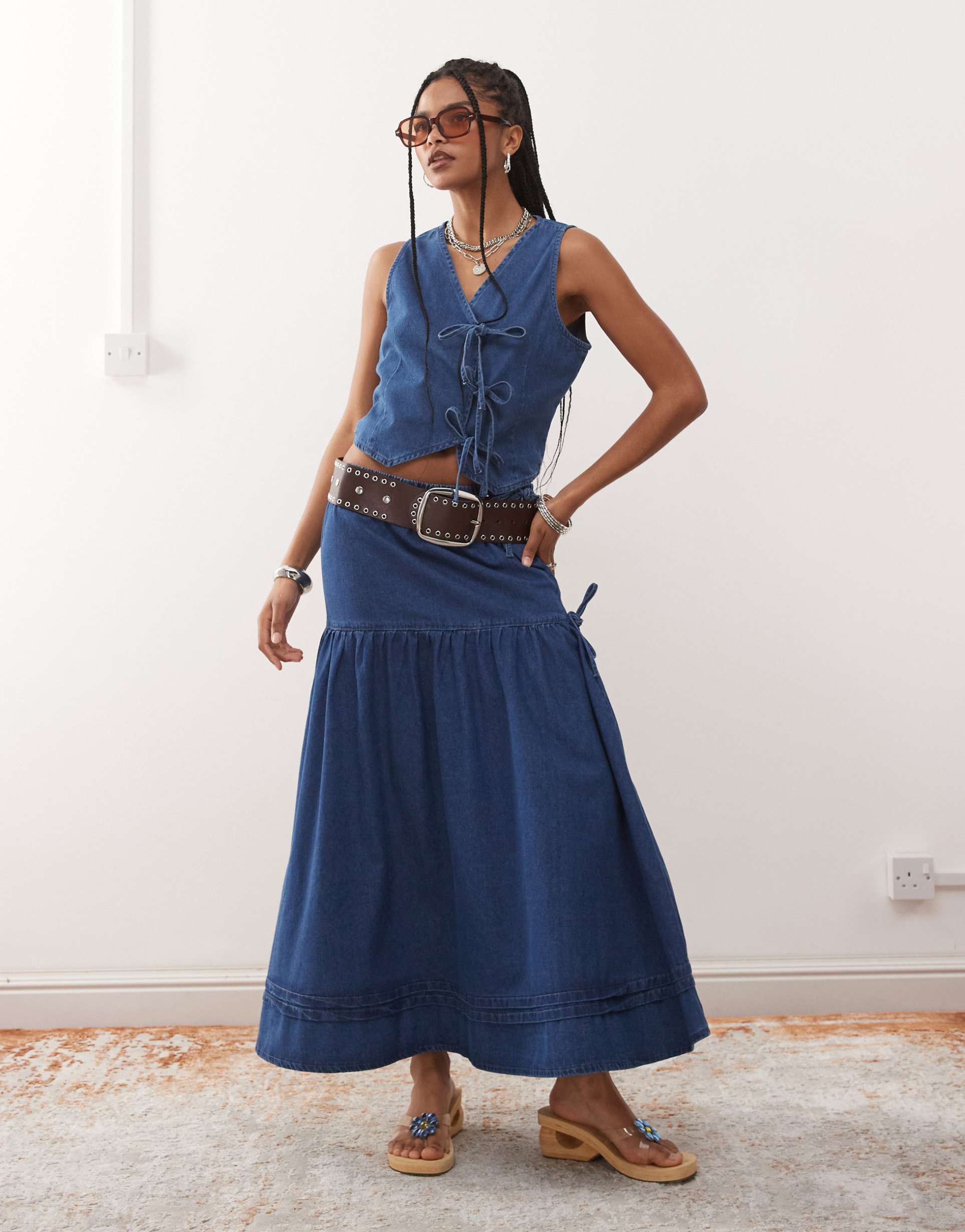 reclaimed vintage denim prairie skirt with bow detail - part of a set