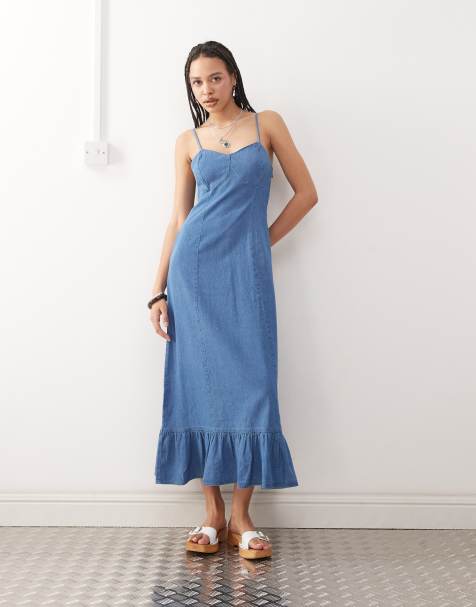 Reclaimed Vintage denim seam detail strappy maxi slip dress in mid blue  - view 1