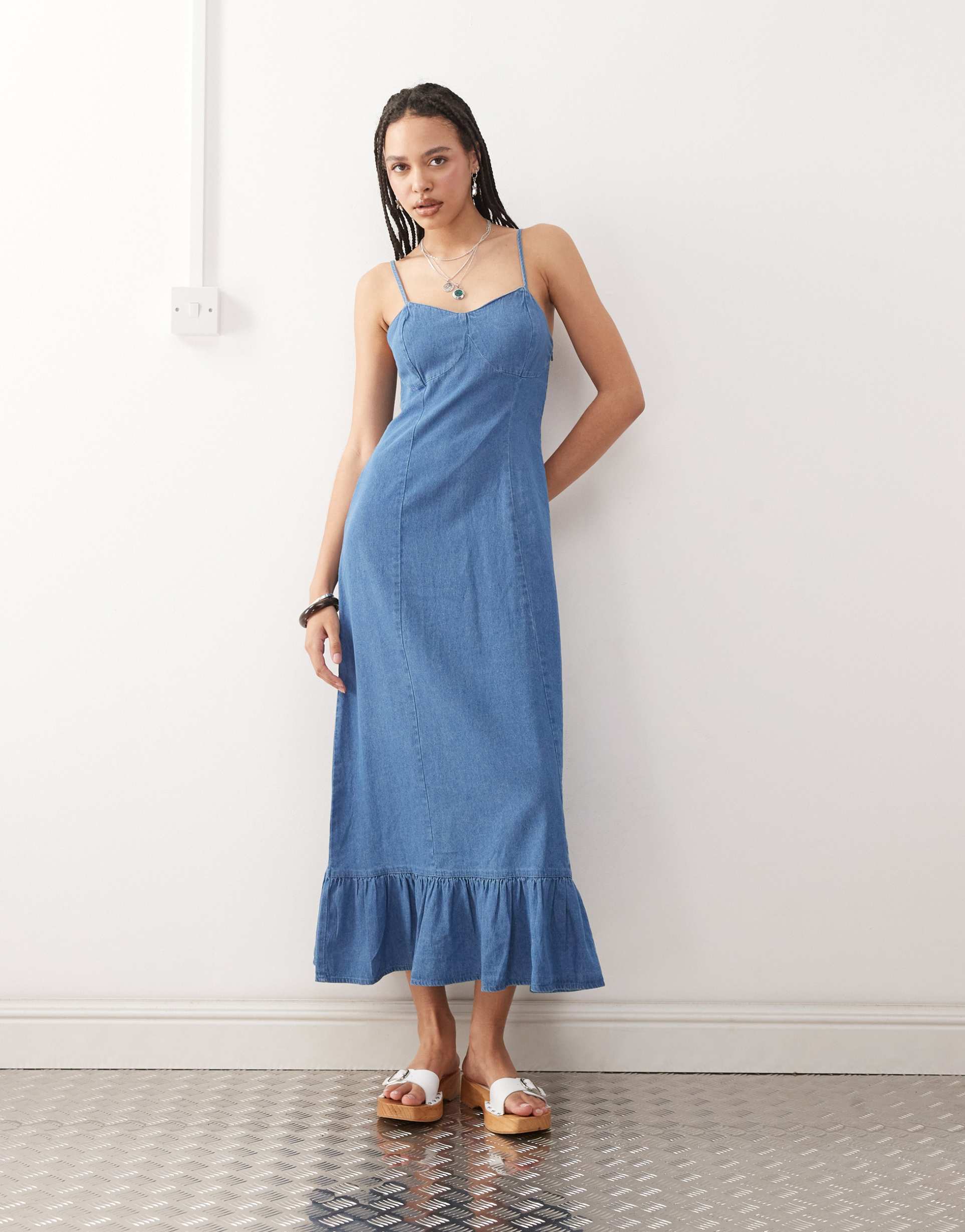 reclaimed vintage denim seam detailing strappy maxi slip dress in mid blue