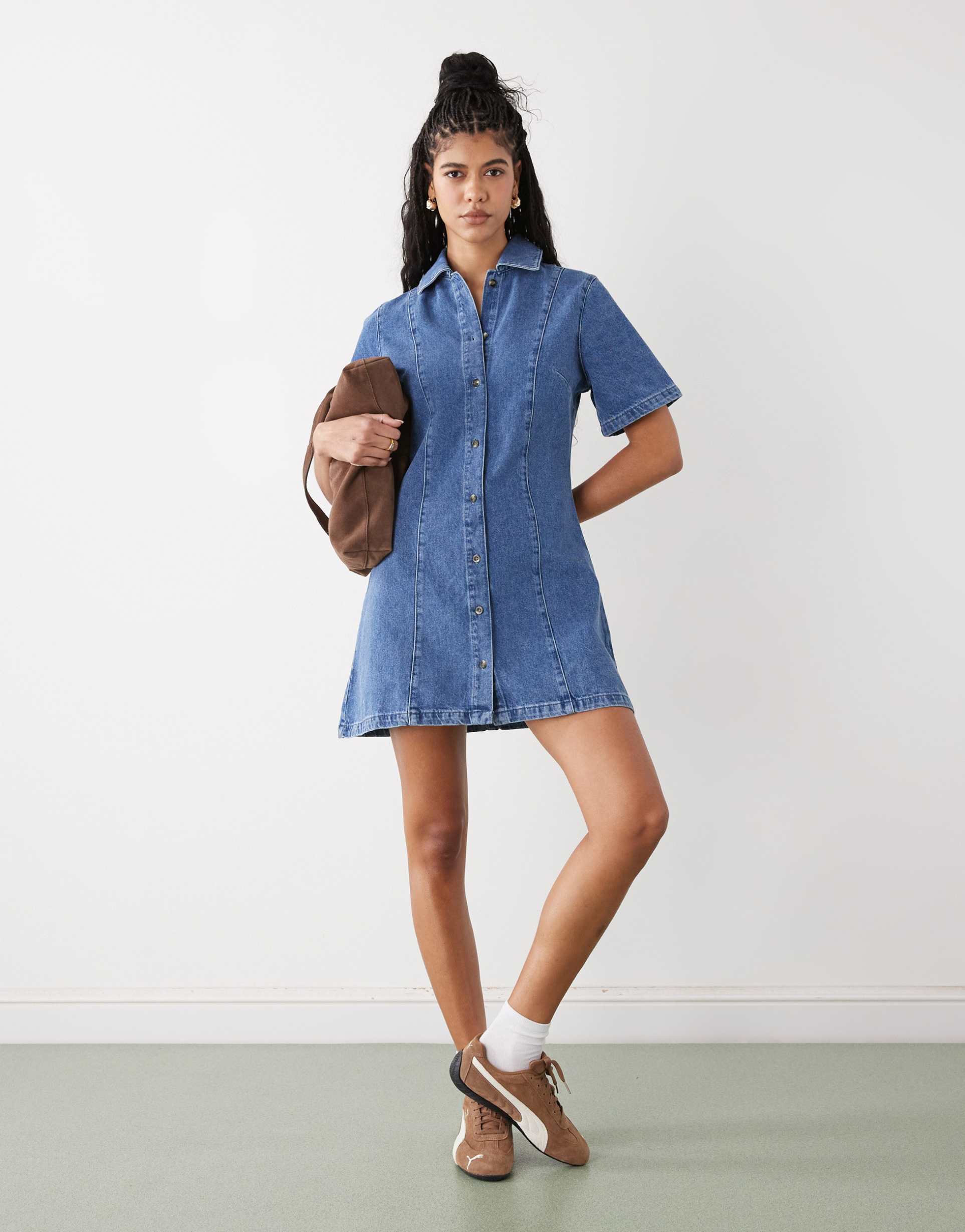reclaimed vintage denim shirt dress in mid wash blue