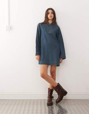 Reclaimed Vintage Denim Shirt Long Sleeve Mini Dress in Mid Blue
