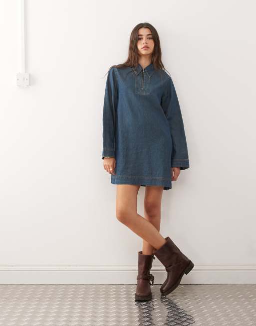 Reclaimed Vintage denim shirt long sleeve mini dress in mid blue, 4 of 4
