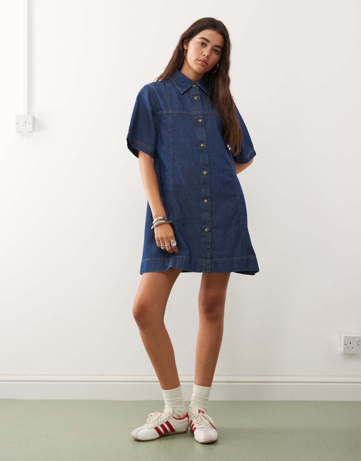 Reclaimed Vintage denim shirt mini dress in mid blue wash with tobacco stitch
