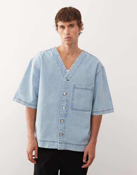 Reclaimed Vintage denim short sleeve baseball shirt in light blue wash - view 1