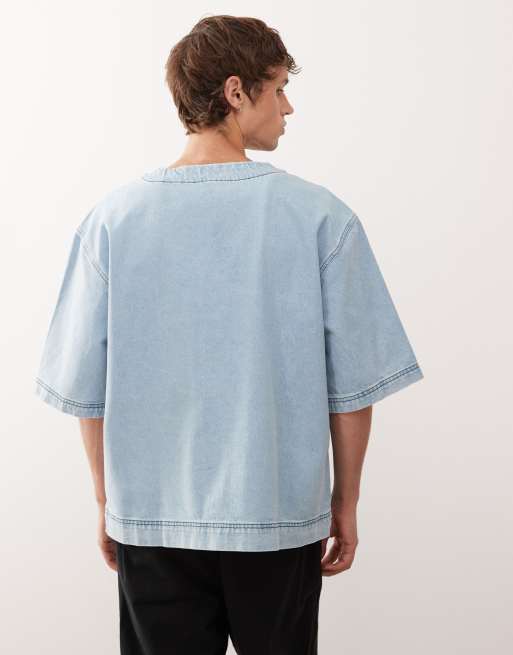 Reclaimed Vintage denim short sleeve baseball shirt in light blue wash, 3 of 5