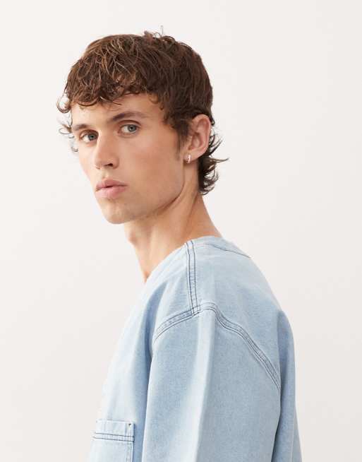 Reclaimed Vintage denim short sleeve baseball shirt in light blue wash, 4 of 5