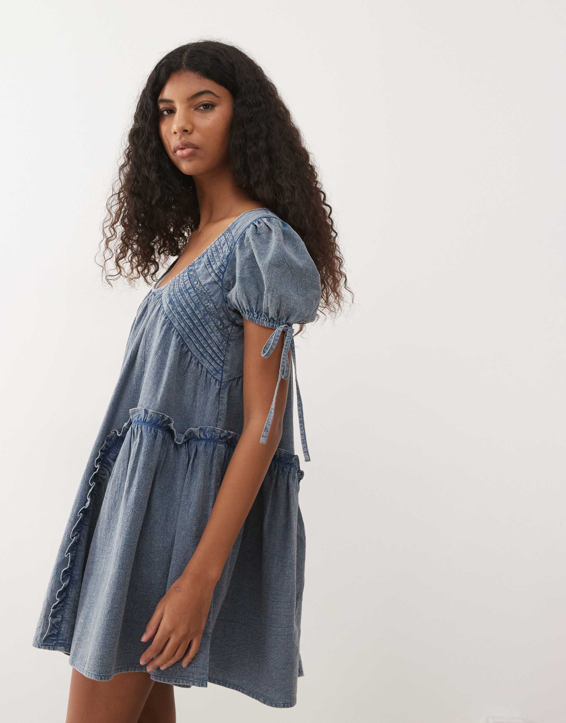 reclaimed vintage denim smock dress with pintuck and seam details in washed gray