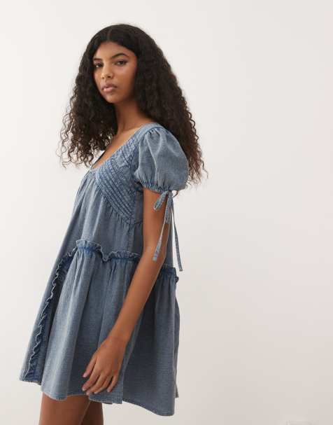 Reclaimed Vintage denim smock dress with pintuck and seam details in washed grey - view 1