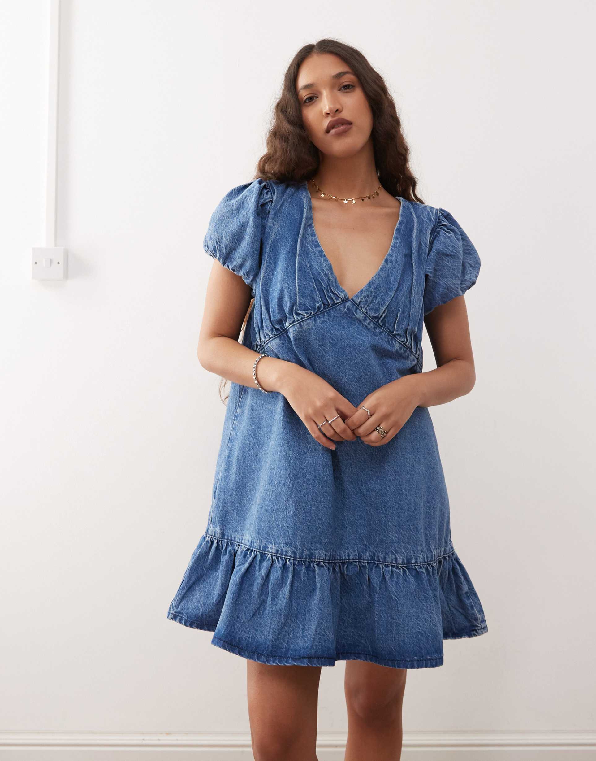 reclaimed vintage denim smock mini dress with puff sleeves in midwash blue
