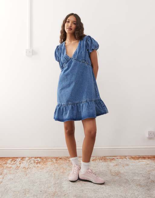 denim smock dress Patchwork Tiered this dress is perfect for everyday wear or special occasions alike New Look Denim Smock Dress