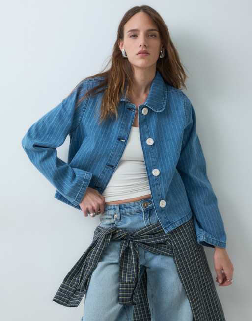 Reclaimed Vintage denim striped jacket in mid blue, 2 of 4