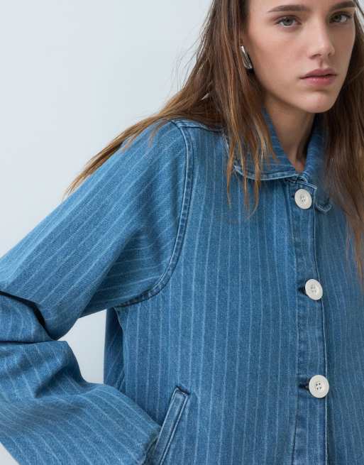 Reclaimed Vintage denim striped jacket in mid blue, 3 of 4