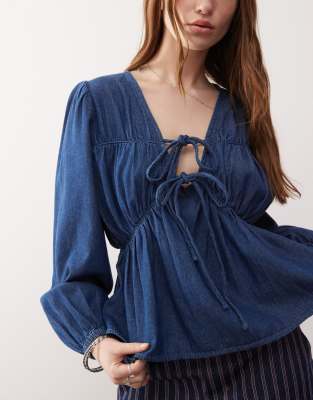 Reclaimed Vintage Denim Tie Front Top-blue In Blue