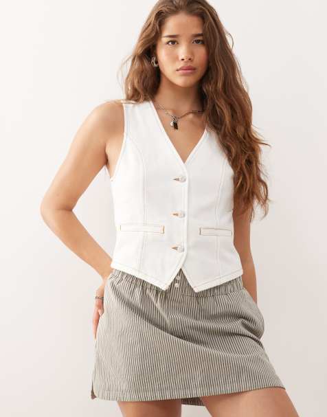 Reclaimed Vintage denim vest in ecru with contrast tobacco stitch - view 1