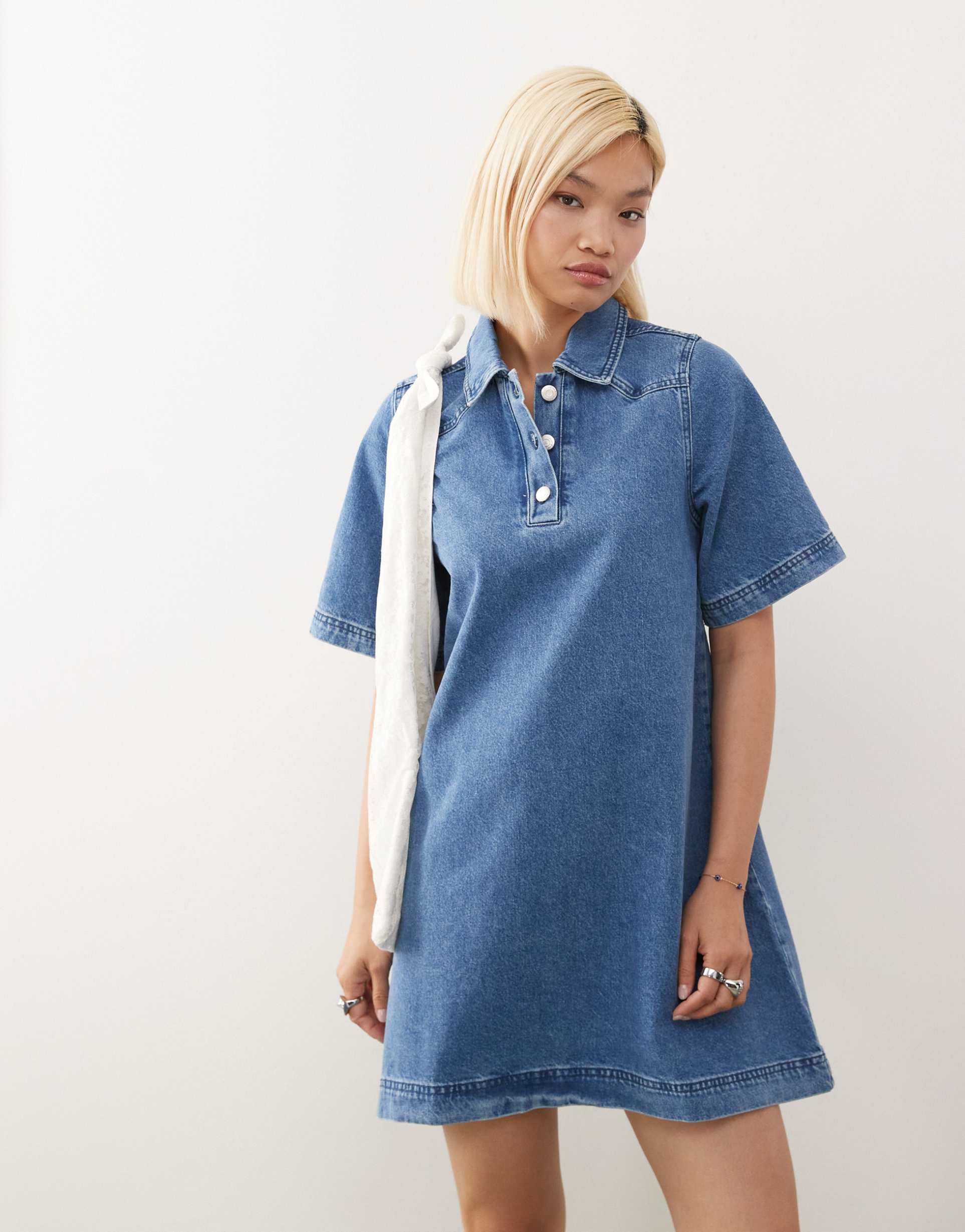 reclaimed vintage denim western detail mini shirt dress in light blue wash