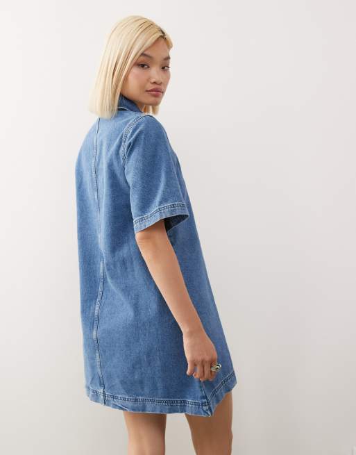 Reclaimed Vintage Denim Western Detail Mini Shirt Dress in Light Blue Wash