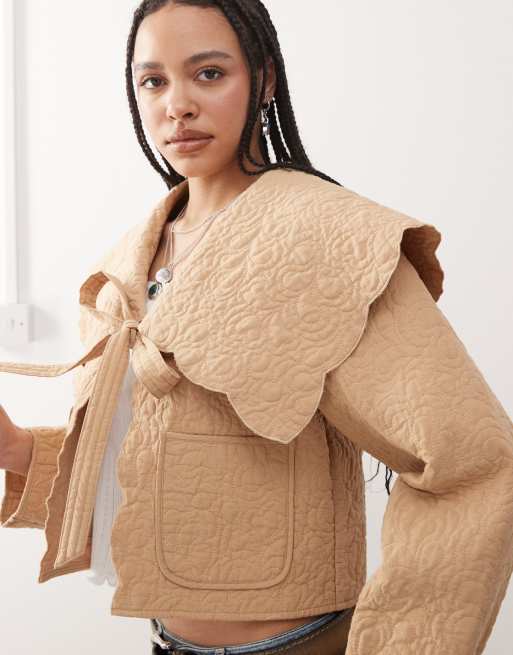 Reclaimed Vintage detachable sleeve frill collar jacket in beige