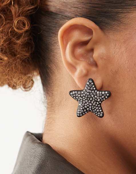Reclaimed Vintage diamante star stud earrings in black and silver - view 1