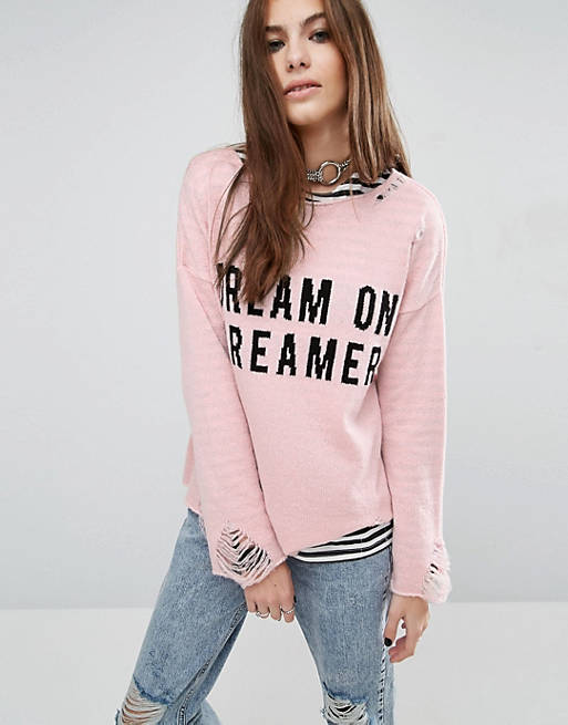 Reclaimed Vintage Distressed Jumper With Dream On Dreamer Slogan