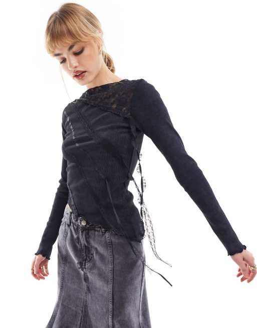 Reclaimed Vintage distressed open back slash neck top in washed black