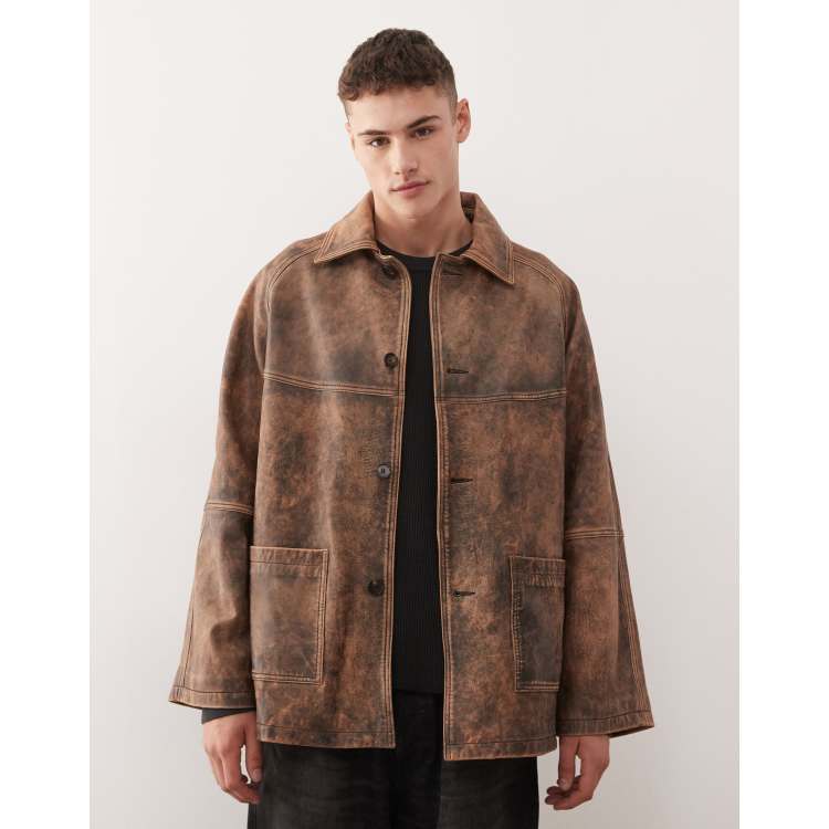 Reclaimed Vintage distressed real leather longer line jacket in