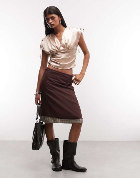 Reclaimed Vintage double layer skirt in brown and plaid - view 1