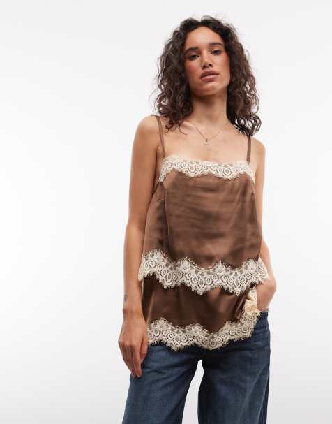 Reclaimed vintage double layered satin and lace cami top - view 1