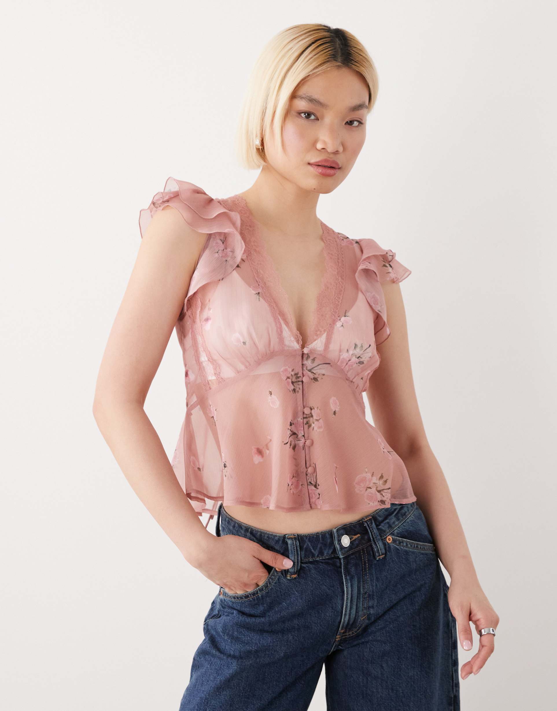 reclaimed vintage dressy button down top with lace trim in pink floral print