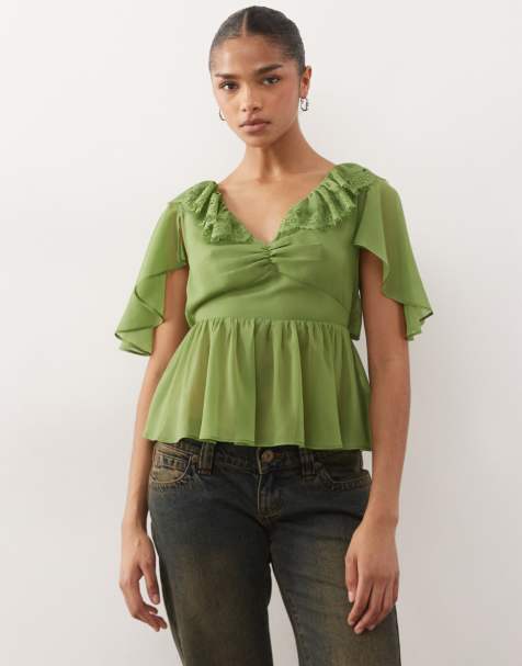 Reclaimed Vintage dressy chiffon top with floaty sleeves and lace collar in green - view 1