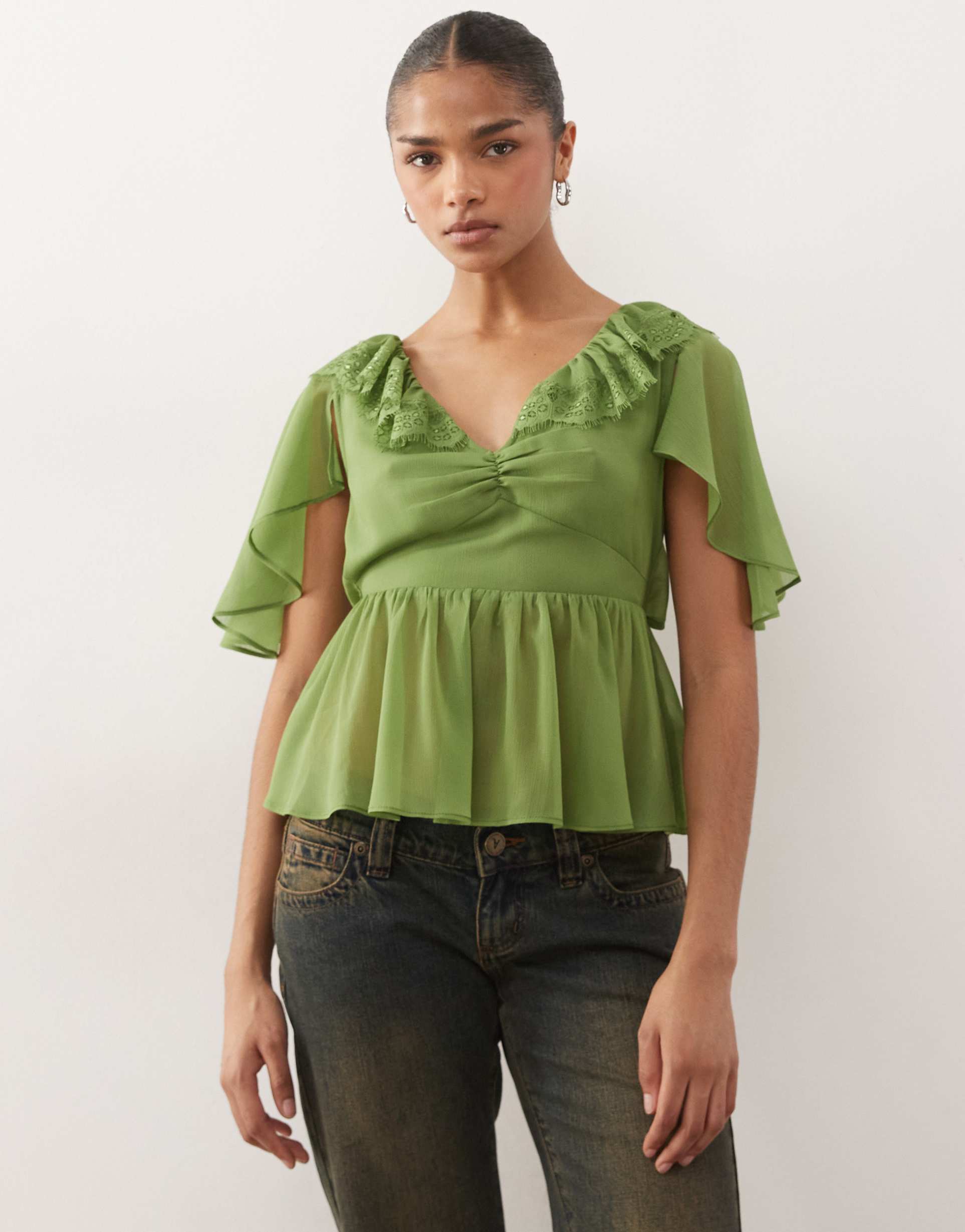 reclaimed vintage dressy chiffon top with floaty sleeves and lace collar in green
