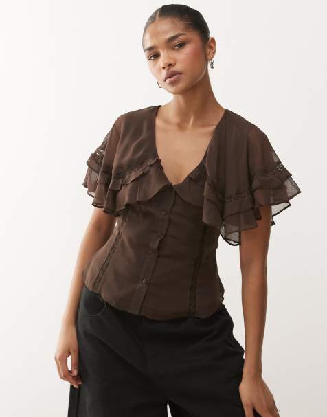 Reclaimed Vintage dressy top with cape collar in brown - view 1