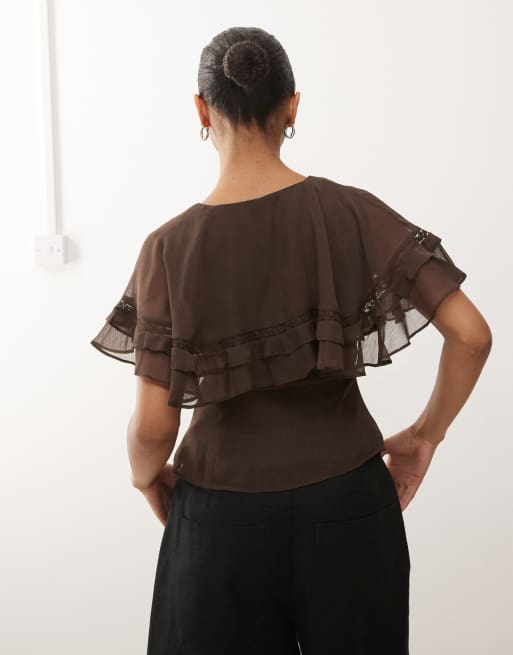 Reclaimed Vintage dressy top with cape collar in brown, 3 of 4