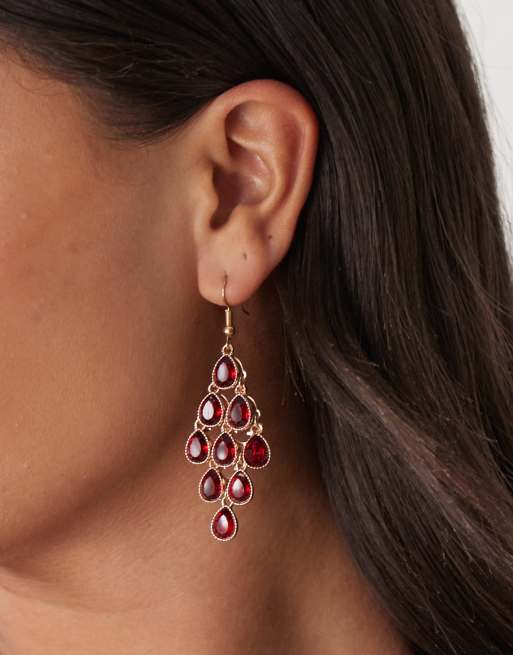 Reclaimed Vintage drop earrings with faux red stones in gold