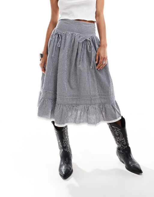 Reclaimed Vintage drop hem prairie skirt with bow details in blue and white gingham ASOS