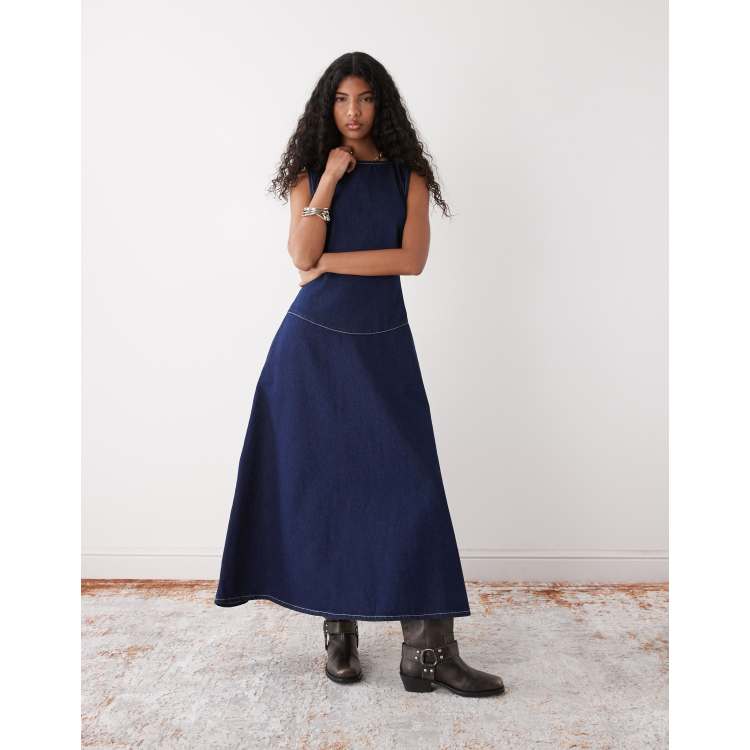 drop waist denim dress Women's Drop Waist Blue Denim Midi dress