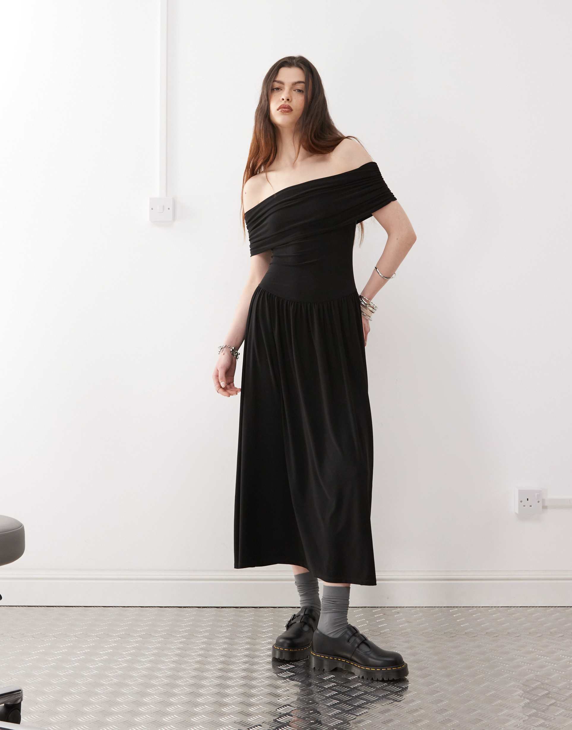 reclaimed vintage drop waist slinky bandeau dress in black