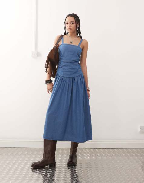 Reclaimed Vintage dropped waist gathered detail midi denim dress in authentic midwash blue - view 1