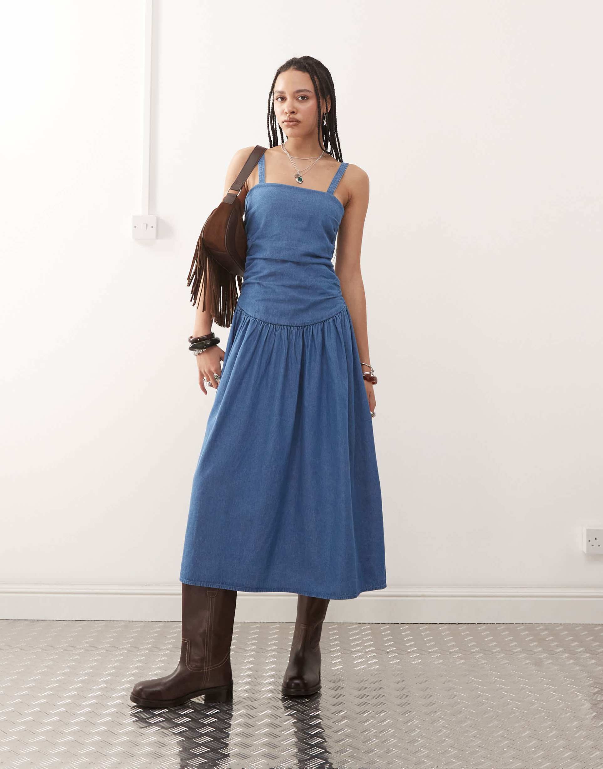 reclaimed vintage dropped waist gathered detail midi denim dress in authentic midwash blue