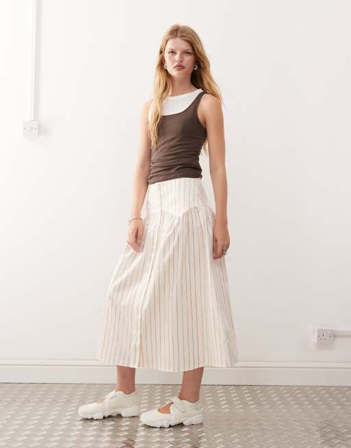 Reclaimed Vintage dropped waist midi skirt with buttons in pinstripe