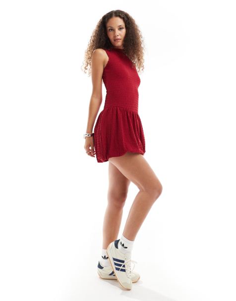 Reclaimed Vintage dropped waist puffball mini dress in red - view 1
