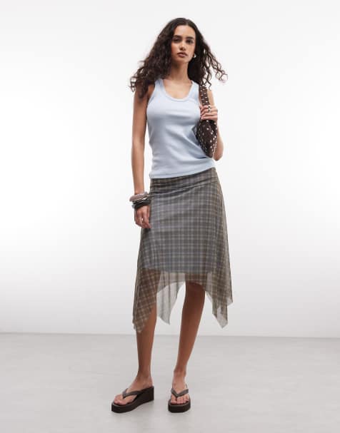 Reclaimed Vintage – Durchscheinender, asymmetrischer Midirock in kariertem Khaki, Kombiteil - view 1