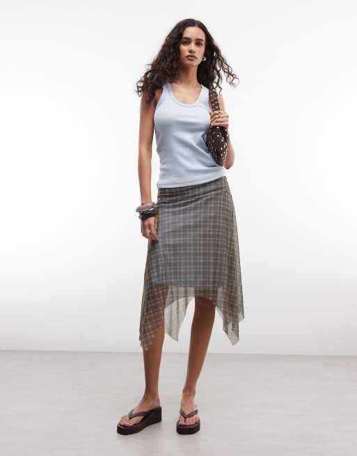 Reclaimed Vintage – Durchscheinender, asymmetrischer Midirock in kariertem Khaki, Kombiteil, 1 von 5