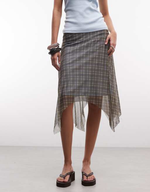 Reclaimed Vintage – Durchscheinender, asymmetrischer Midirock in kariertem Khaki, Kombiteil, 5 von 5