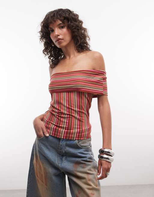 Reclaimed Vintage – Dżersejowy top w paski z dekoltem bardot, 4 z 4