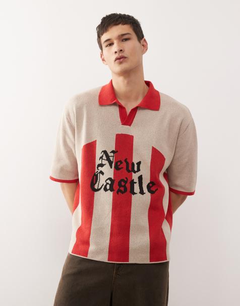 Reclaimed Vintage knitted polo football shirt with graphic print in ecru and red stripe